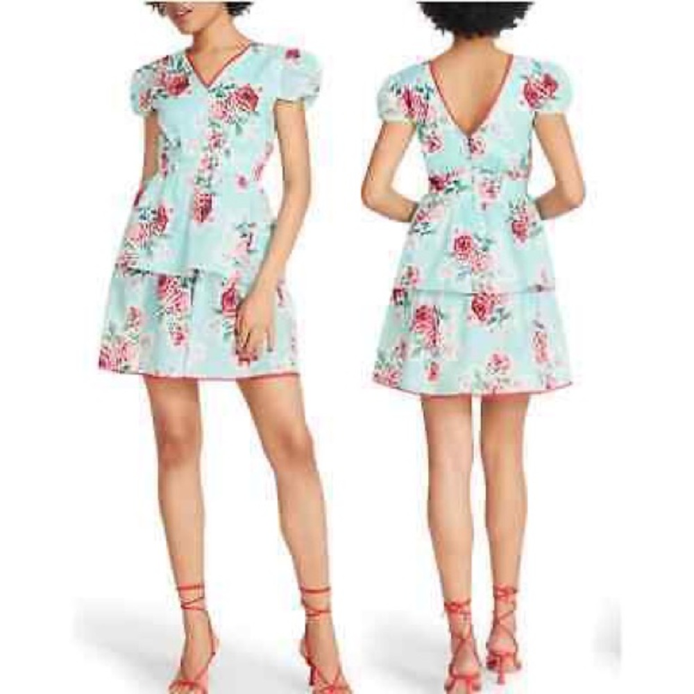 BETSEY JOHNSON Pastel Turquoise Rose Garden Print Seersucker Mini Dress Small - Picture 7 of 7